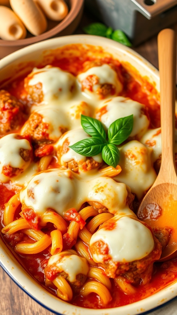 A cheesy meatball casserole with meatballs, pasta, and melted cheese, garnished with basil, in a rustic baking dish.